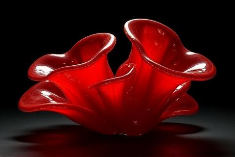 Scultura astratta in vetro rosso che ricorda un corallo.